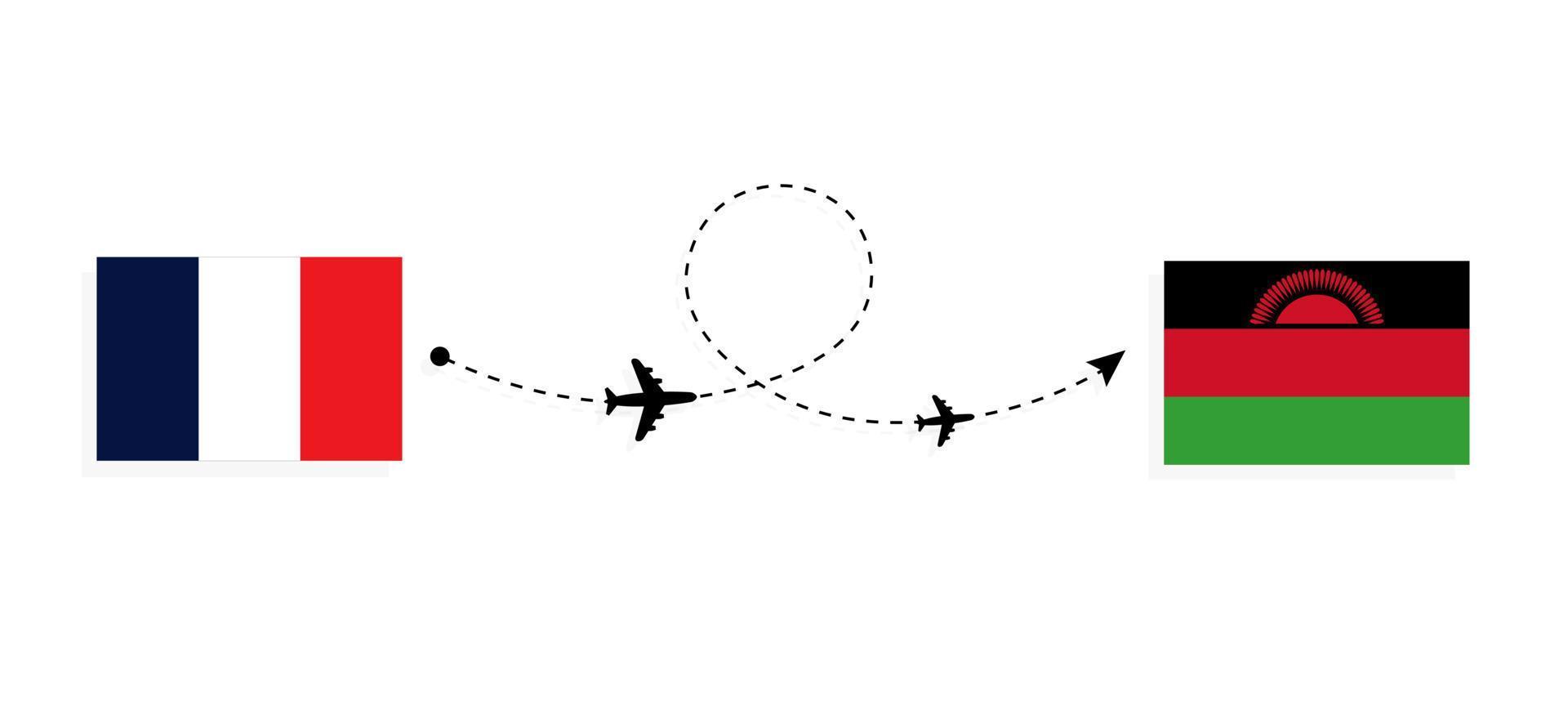 Flug und Reise von Frankreich nach Malawi mit dem Reisekonzept für Passagierflugzeuge vektor