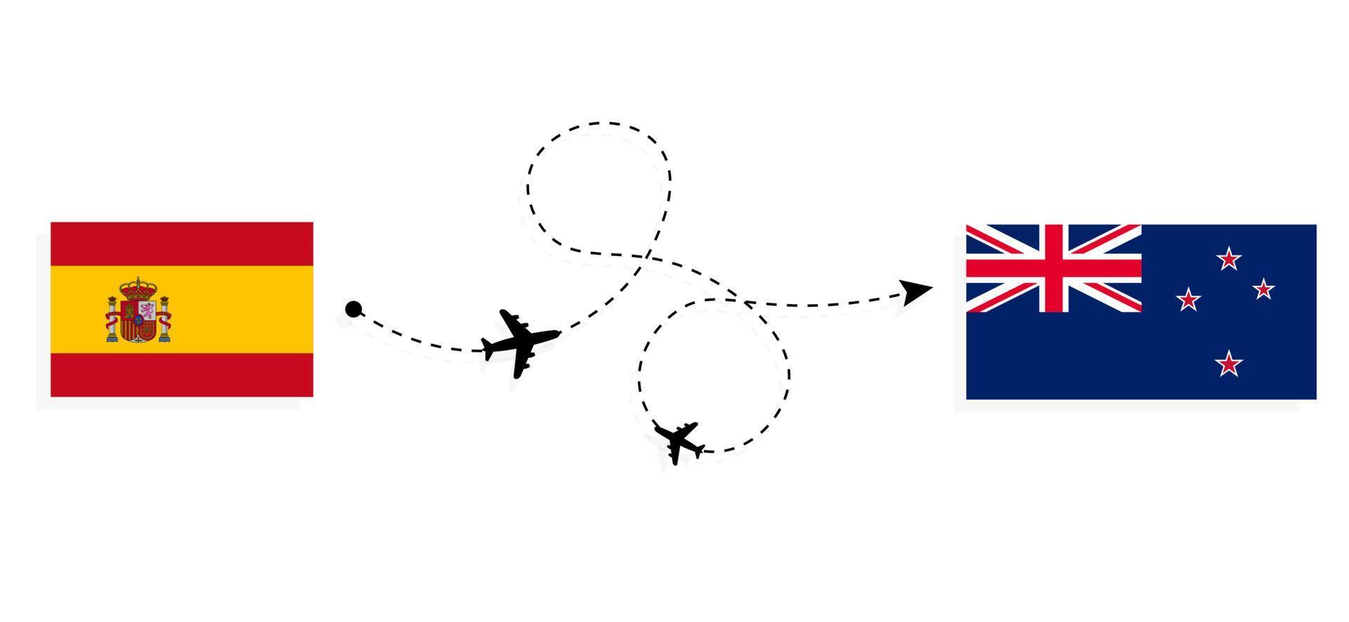 Flug und Reise von Spanien nach Neuseeland mit dem Reisekonzept für Passagierflugzeuge vektor