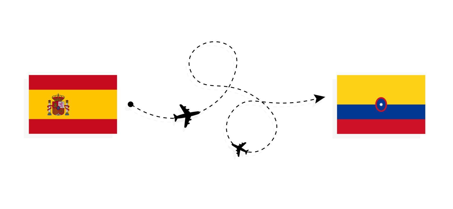Flug und Reise von Spanien nach Kolumbien mit dem Reisekonzept für Passagierflugzeuge vektor