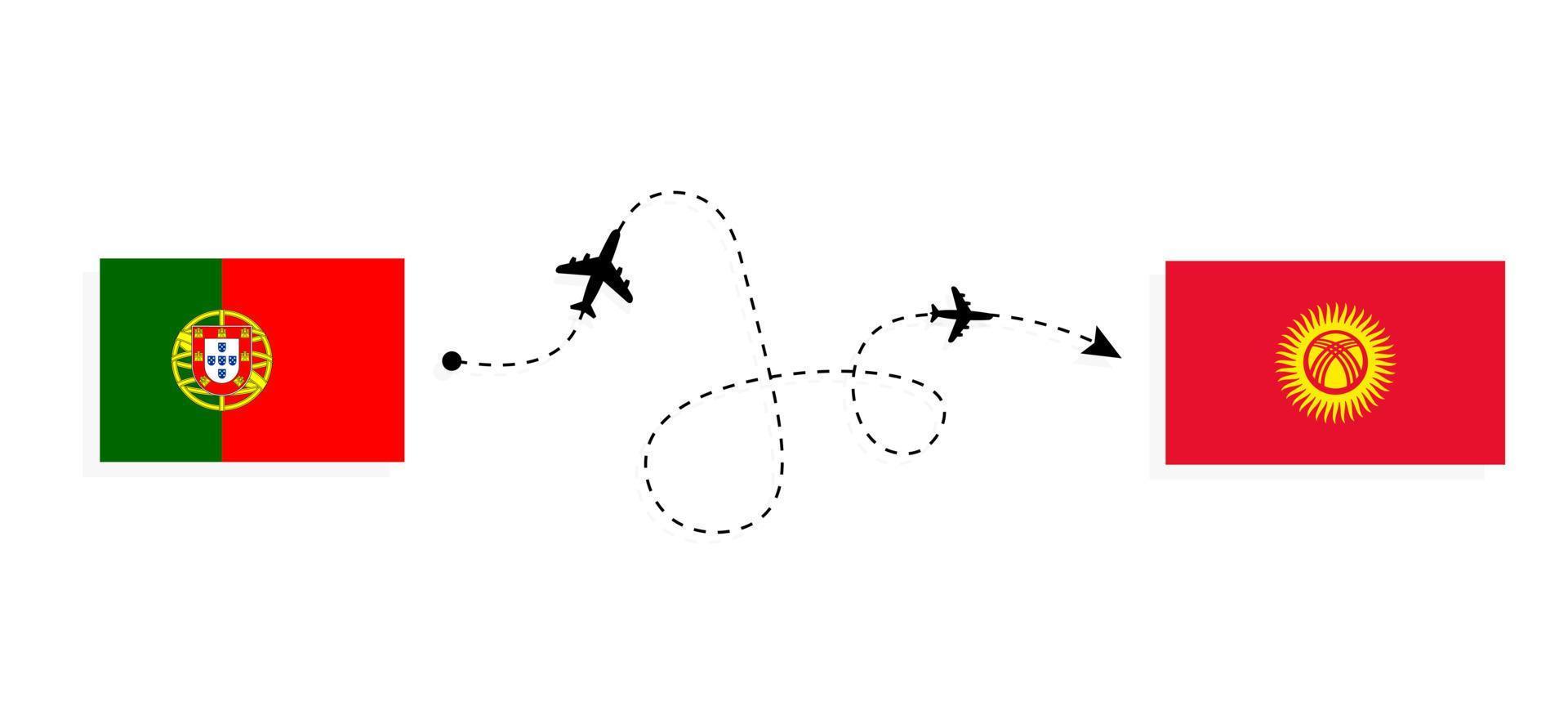 Flug und Reise von Portugal nach Kirgisistan mit dem Reisekonzept für Passagierflugzeuge vektor