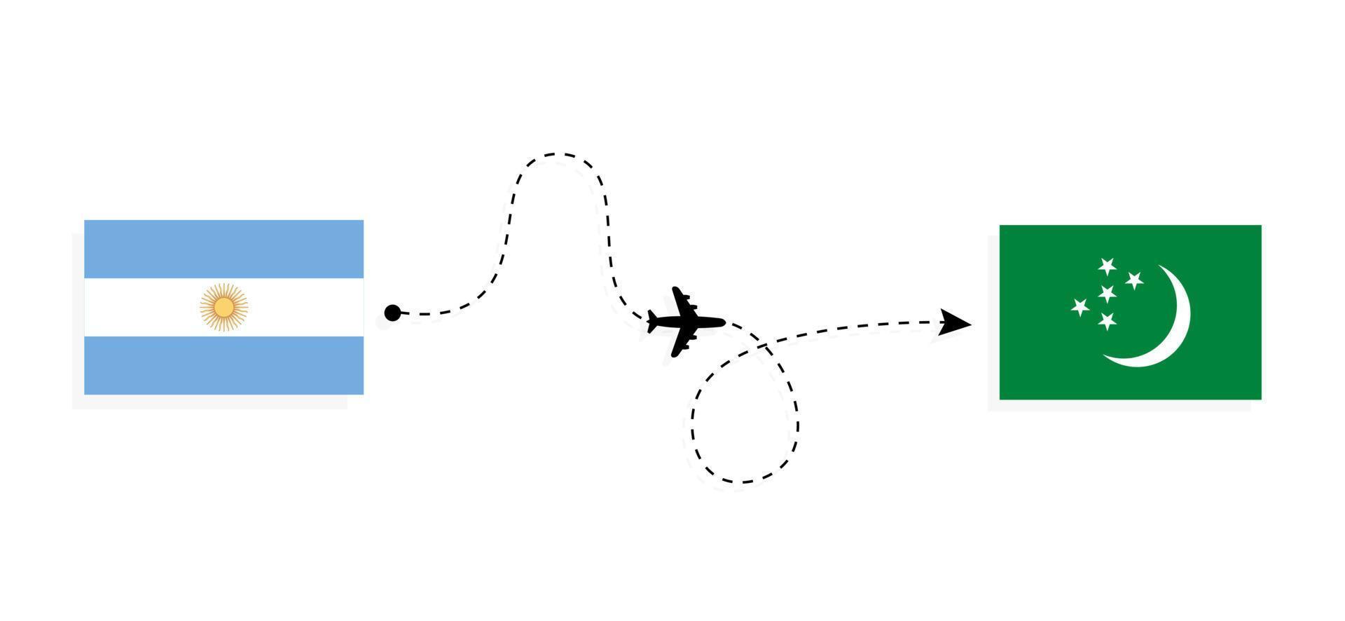 Flug und Reise von Argentinien nach Turkmenistan mit dem Reisekonzept für Passagierflugzeuge vektor