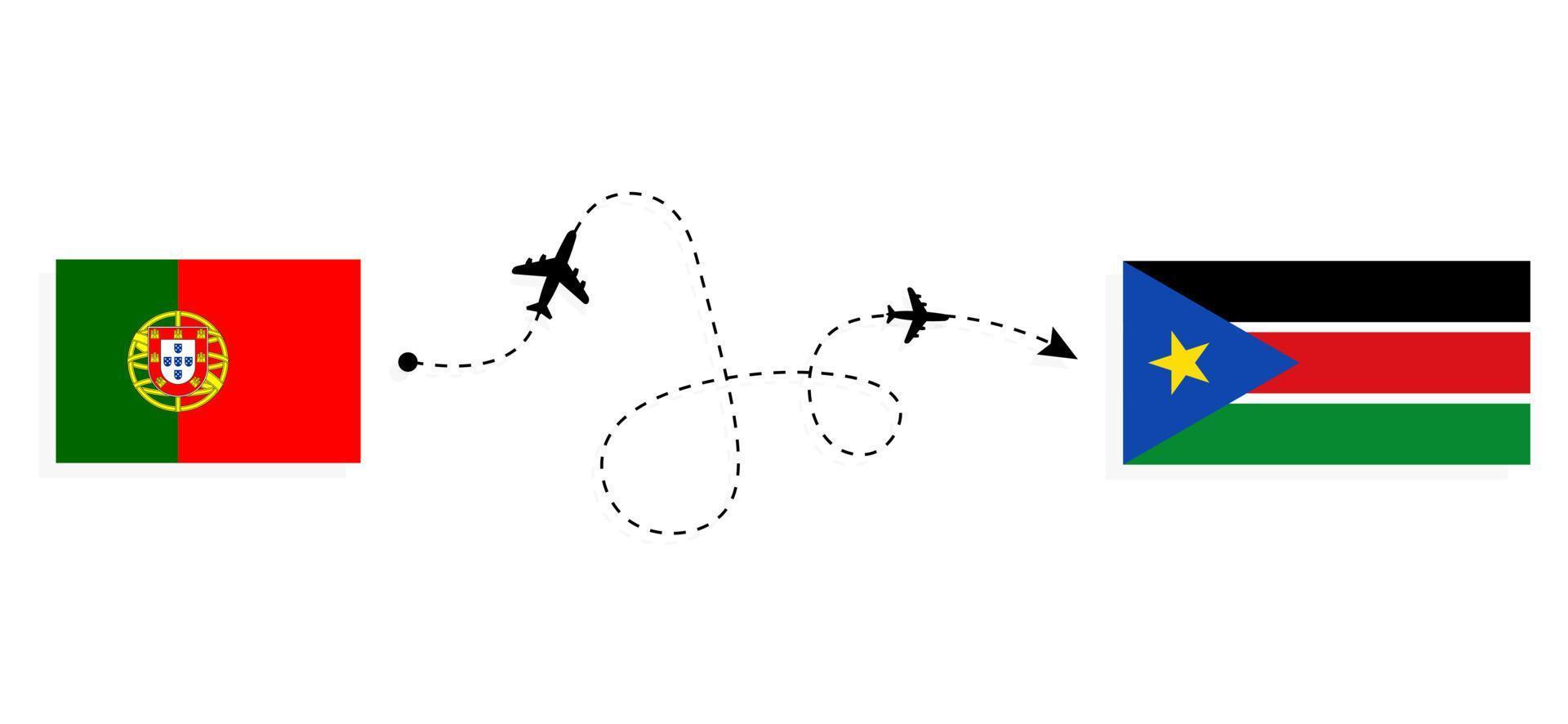 Flug und Reise von Portugal in den Südsudan mit dem Reisekonzept für Passagierflugzeuge vektor