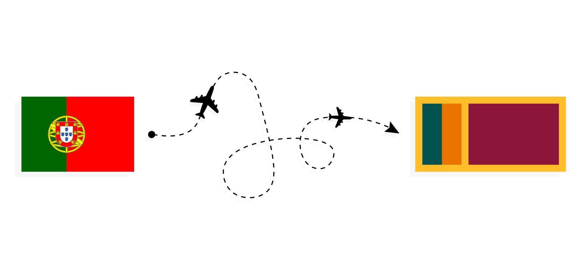 Flug und Reise von Portugal nach Sri Lanka mit dem Reisekonzept für Passagierflugzeuge vektor