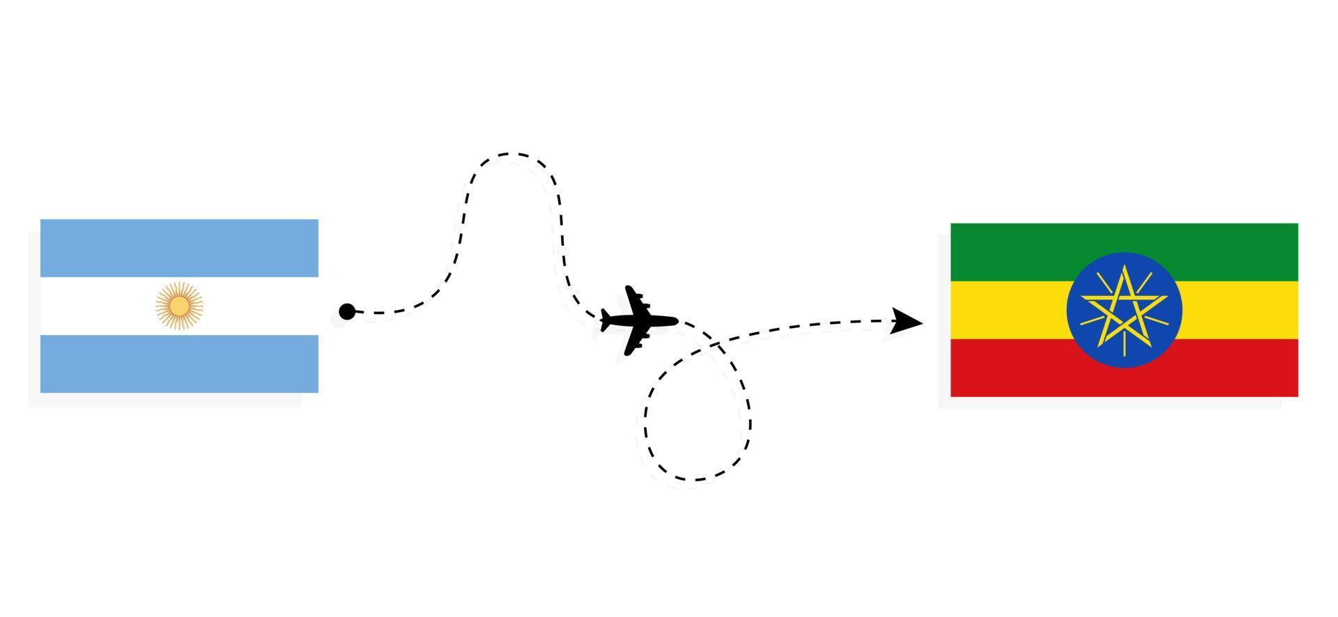 Flug und Reise von Argentinien nach Äthiopien mit dem Reisekonzept für Passagierflugzeuge vektor