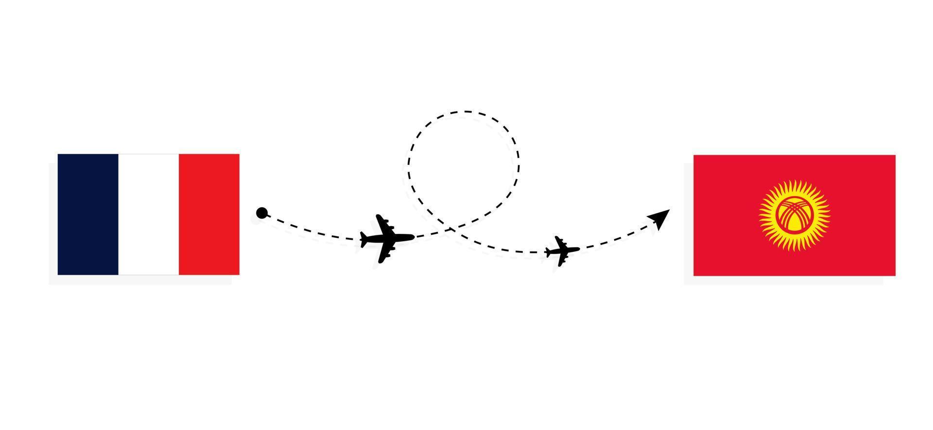 Flug und Reise von Frankreich nach Kirgisistan mit dem Reisekonzept für Passagierflugzeuge vektor