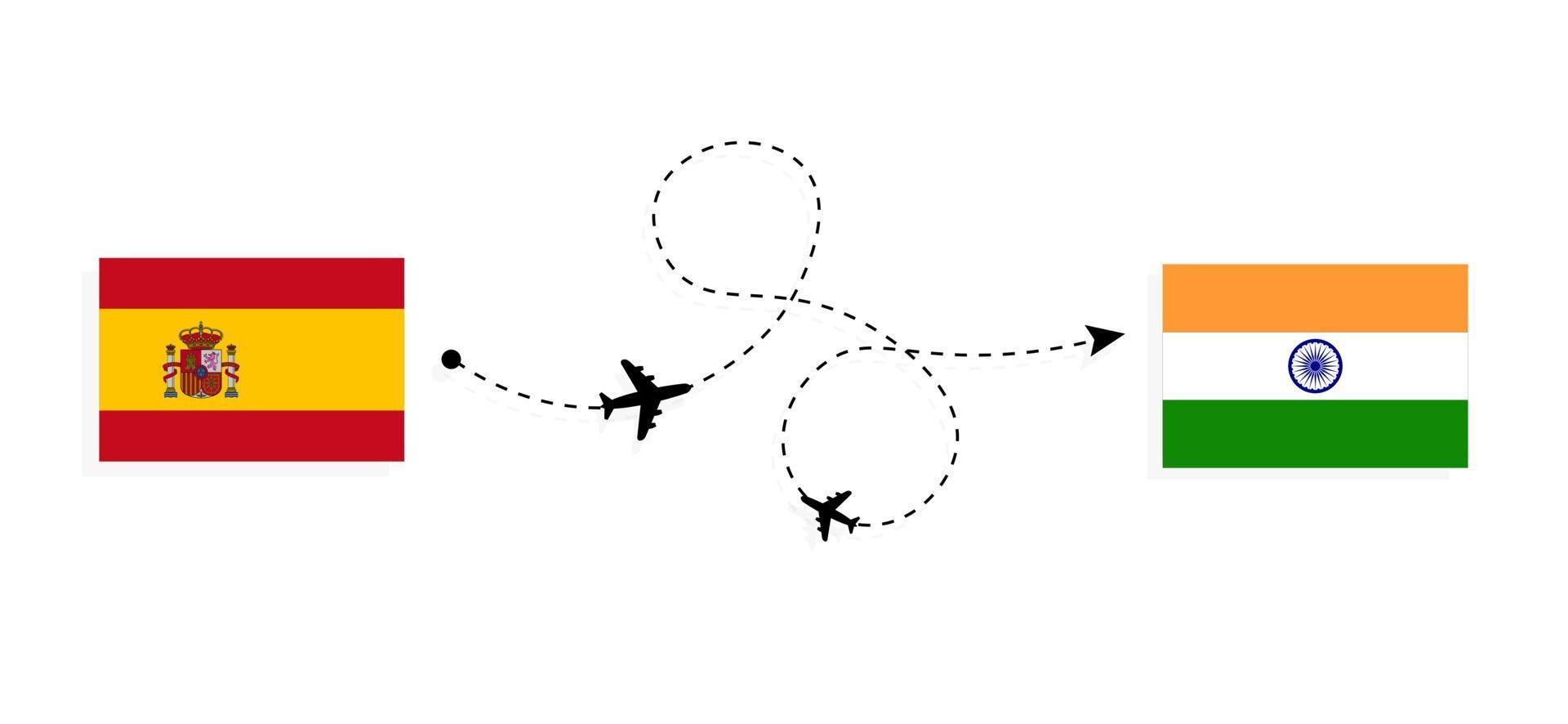 Flug und Reise von Spanien nach Indien mit dem Reisekonzept für Passagierflugzeuge vektor
