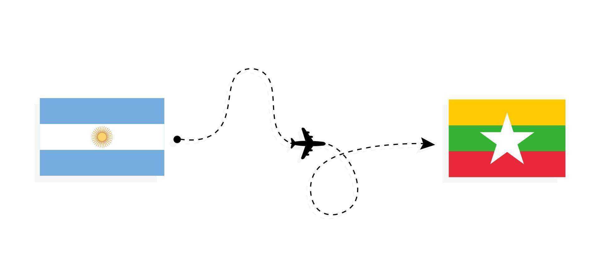 Flug und Reise von Argentinien nach Myanmar mit dem Reisekonzept für Passagierflugzeuge vektor