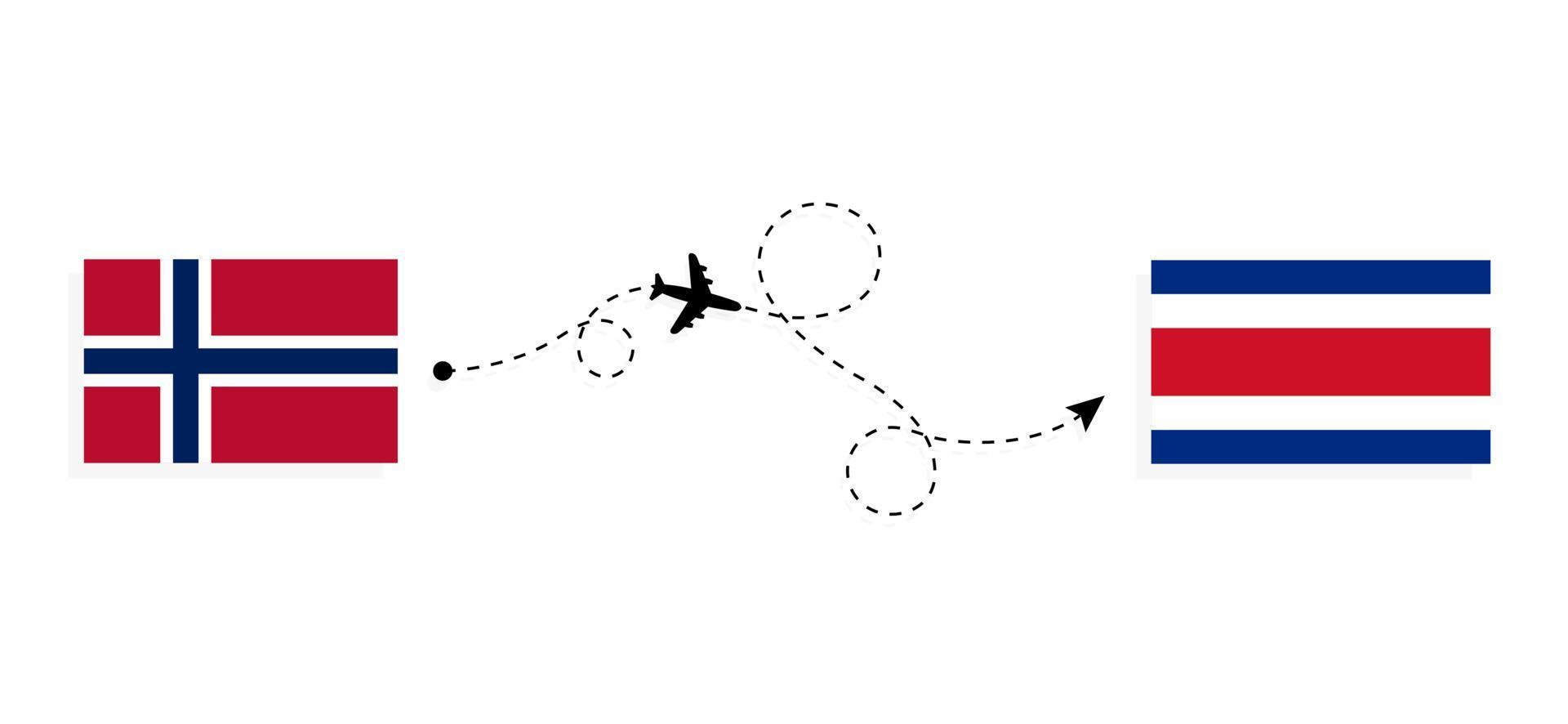 Flug und Reise von Norwegen nach Costa Rica mit dem Reisekonzept für Passagierflugzeuge vektor