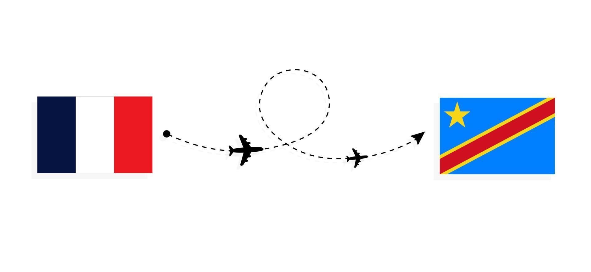 Flug und Reise von Frankreich in die Demokratische Republik Kongo mit dem Reisekonzept für Passagierflugzeuge vektor