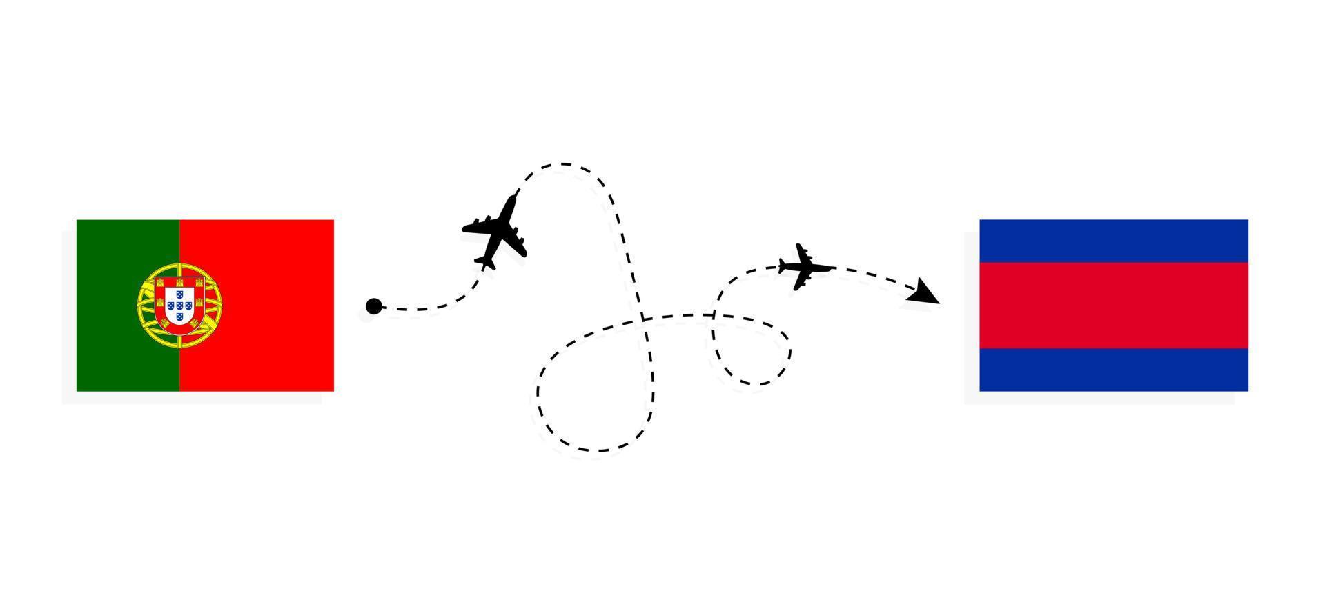 Flug und Reise von Portugal nach Kambodscha mit dem Reisekonzept für Passagierflugzeuge vektor