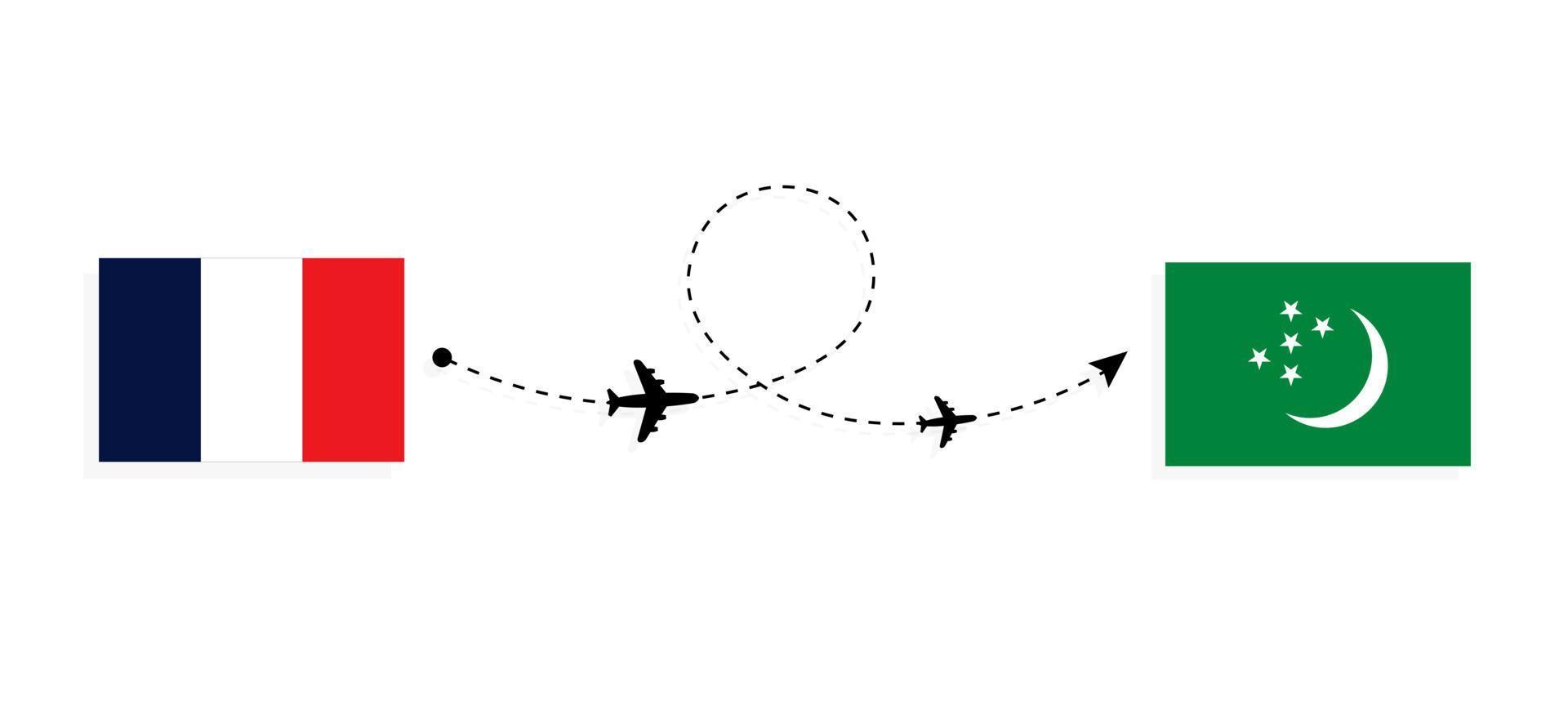 Flug und Reise von Frankreich nach Turkmenistan mit dem Reisekonzept für Passagierflugzeuge vektor