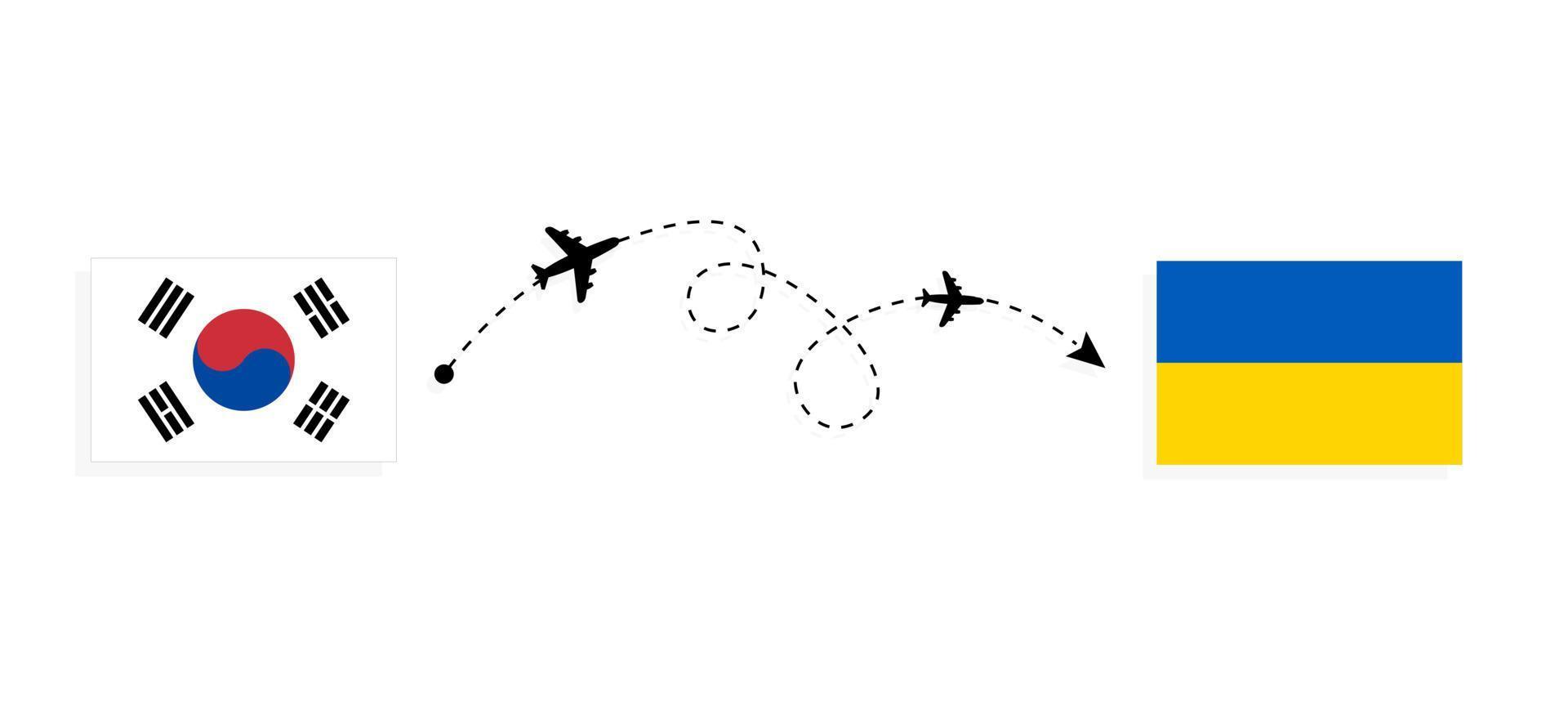 Flug und Reise von Südkorea in die Ukraine mit dem Reisekonzept für Passagierflugzeuge vektor