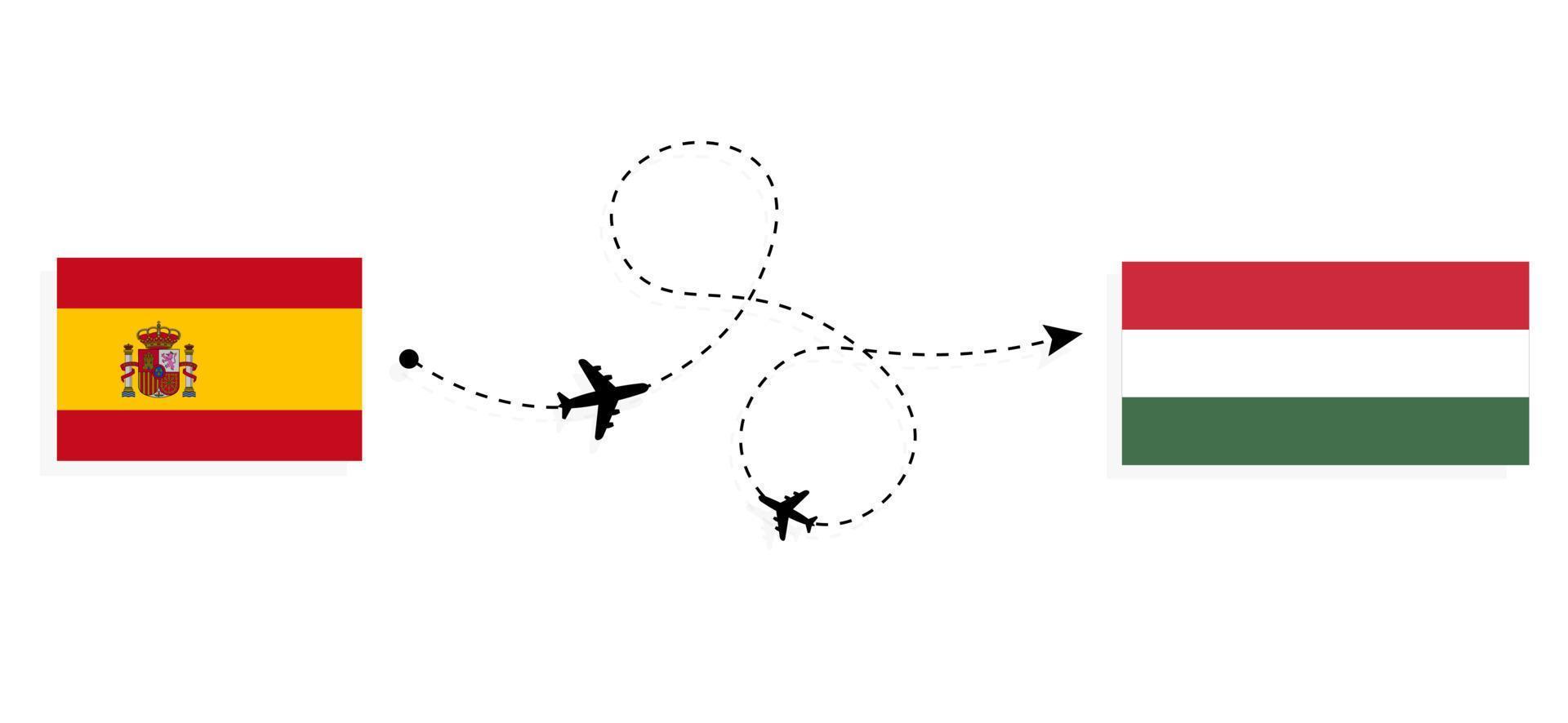 Flug und Reise von Spanien nach Ungarn mit dem Reisekonzept für Passagierflugzeuge vektor