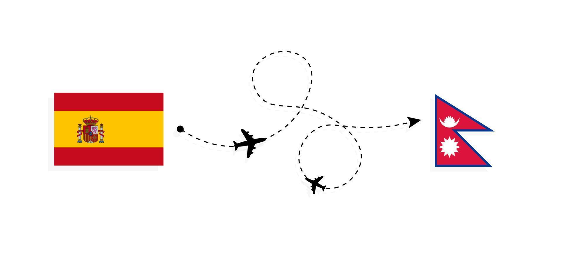 Flug und Reise von Spanien nach Nepal mit dem Reisekonzept für Passagierflugzeuge vektor