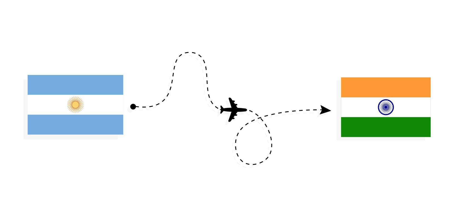 Flug und Reise von Argentinien nach Indien mit dem Reisekonzept für Passagierflugzeuge vektor