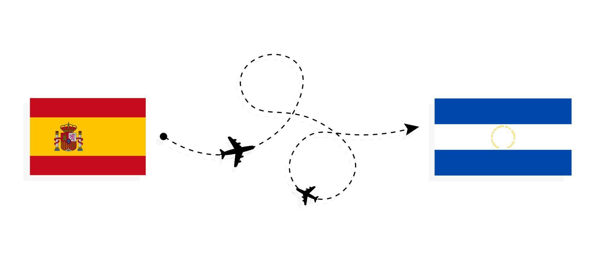 Flug und Reise von Spanien nach El Salvador mit dem Reisekonzept für Passagierflugzeuge vektor