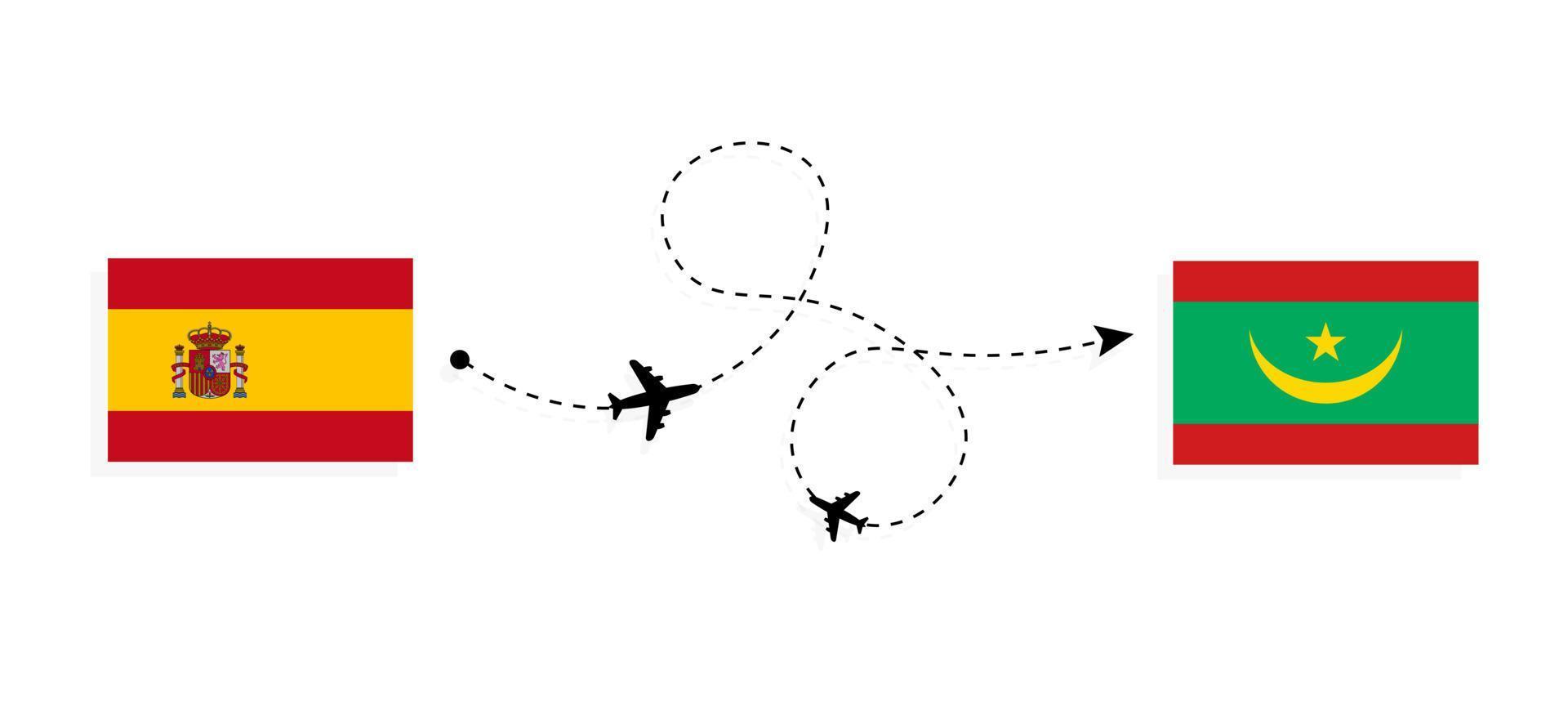 Flug und Reise von Spanien nach Mauretanien mit dem Reisekonzept für Passagierflugzeuge vektor