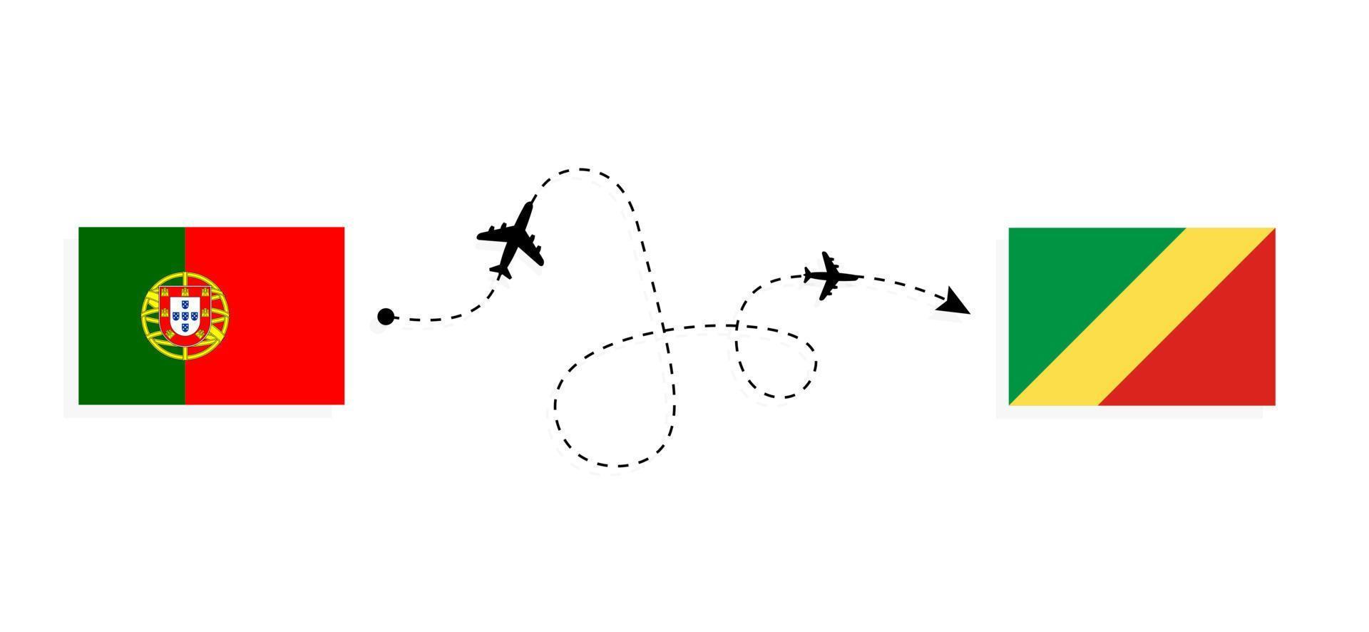 Flug und Reise von Portugal in die Republik Kongo mit dem Reisekonzept für Passagierflugzeuge vektor