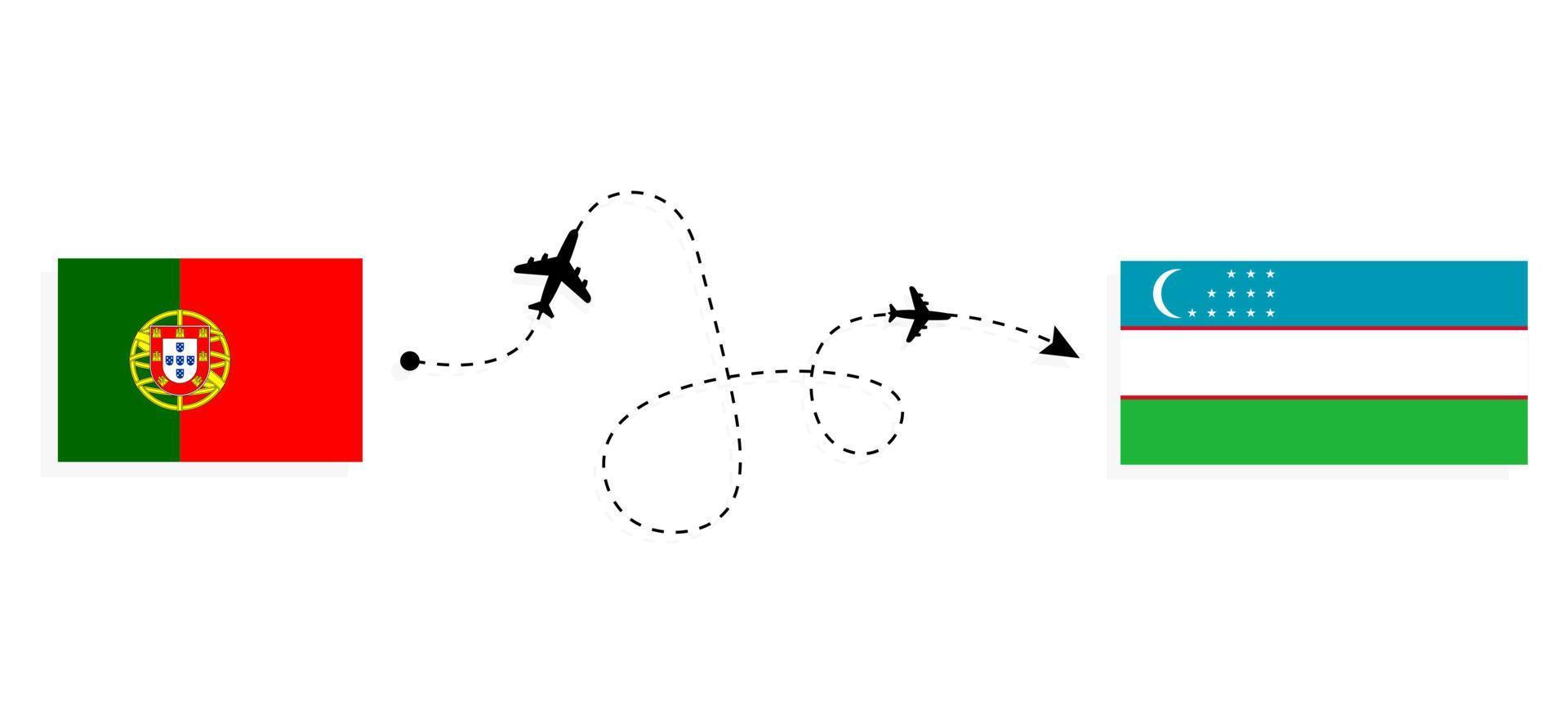 Flug und Reise von Portugal nach Usbekistan mit dem Reisekonzept für Passagierflugzeuge vektor