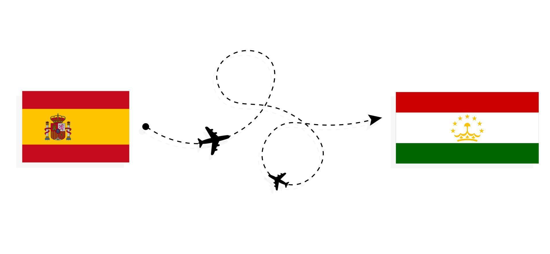 flyg och resor från Spanien till Tadzjikistan med resekoncept för passagerarflygplan vektor