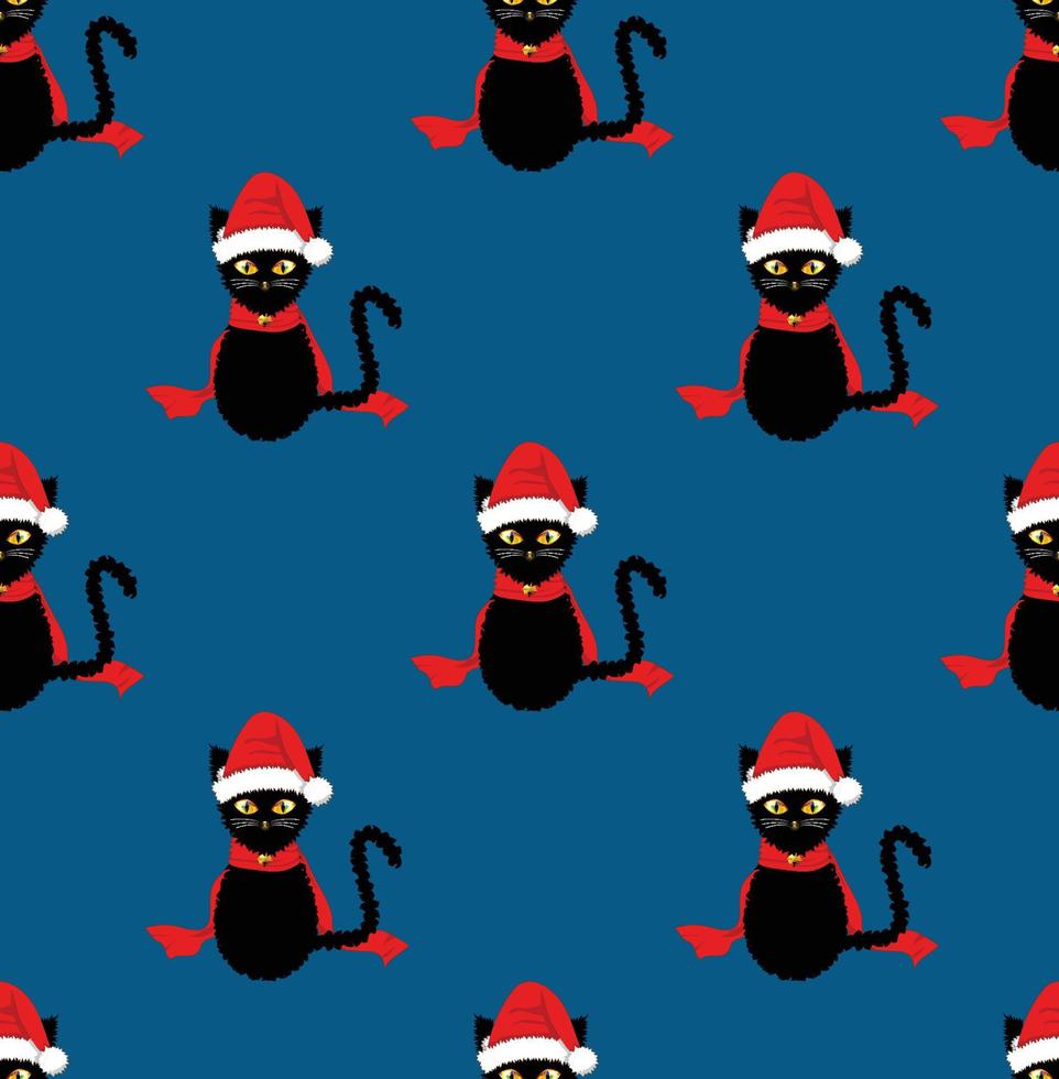 schwarze Katze Weihnachtsmütze nahtlos auf indigoblauem Hintergrund vektor