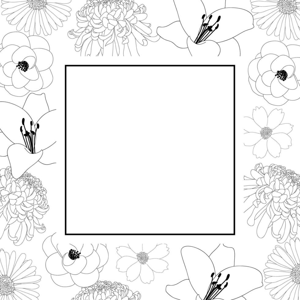 Chrysantheme, Aster, Kamelie, Kosmos und Lilienblumenbannerkartenumriss vektor