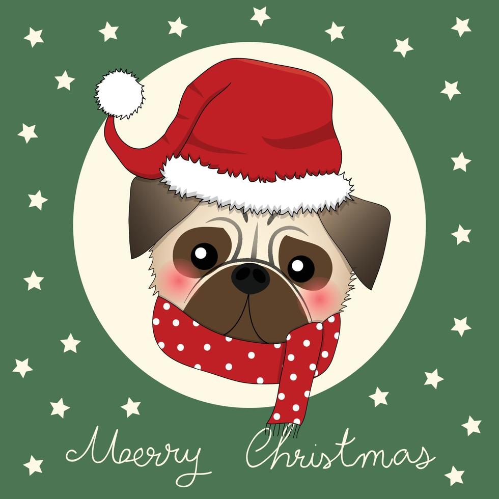 Mops Weihnachtsmann Hund mit rotem Schal auf grüner Grußkarte vektor