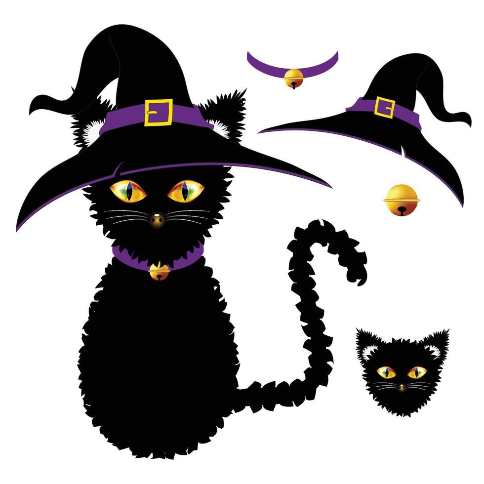 svart katt med gula ögon. häxhatt, lila krage och gyllene bollklocka. halloween dag. vektor illustration.