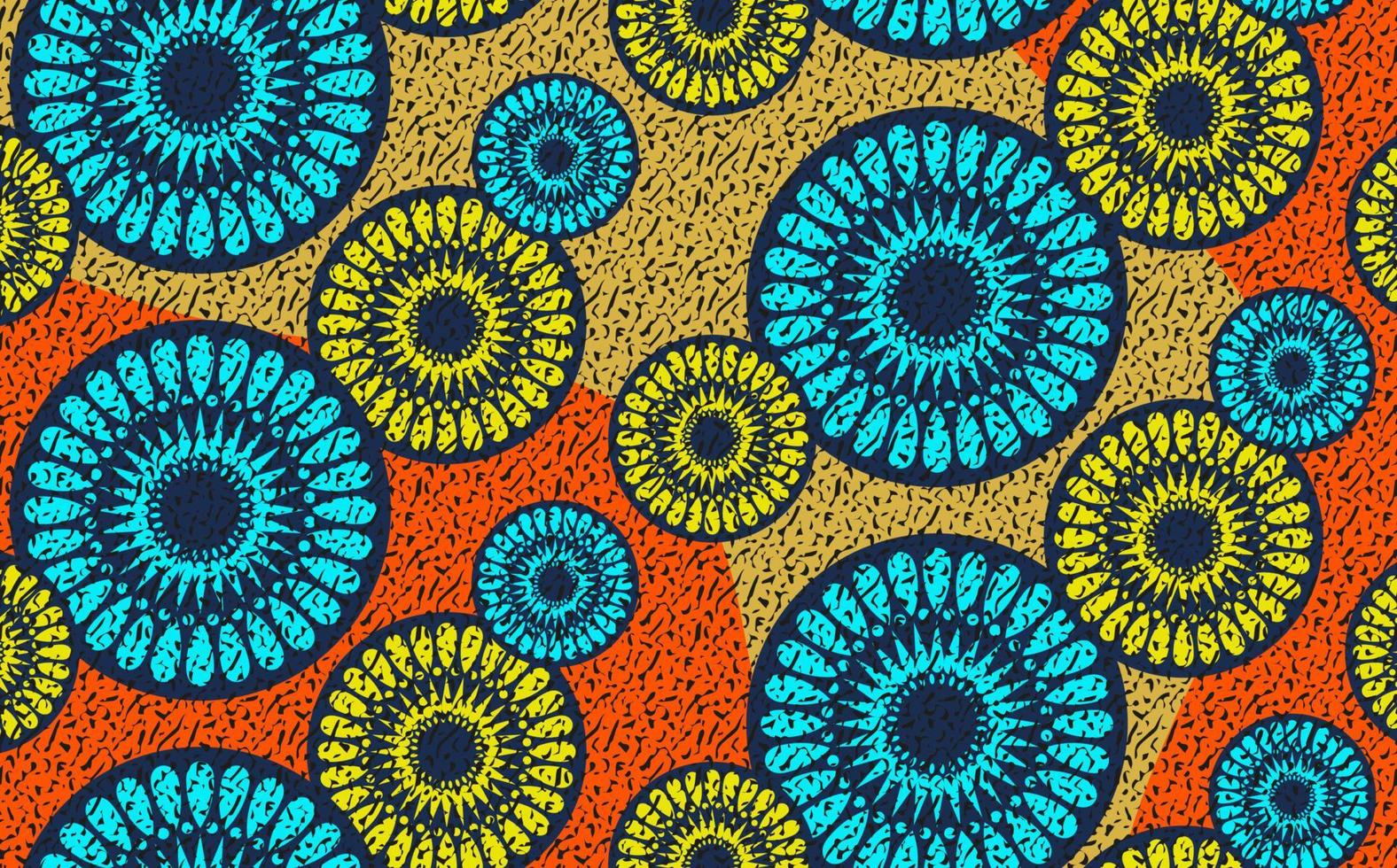 afrikansk vaxtryckt tygbakgrund, etnisk handgjord prydnad för din design, afro-etniska blommor och stammotiv geometriska element. vektor textur, afrika färgglada textil ankara mode stil