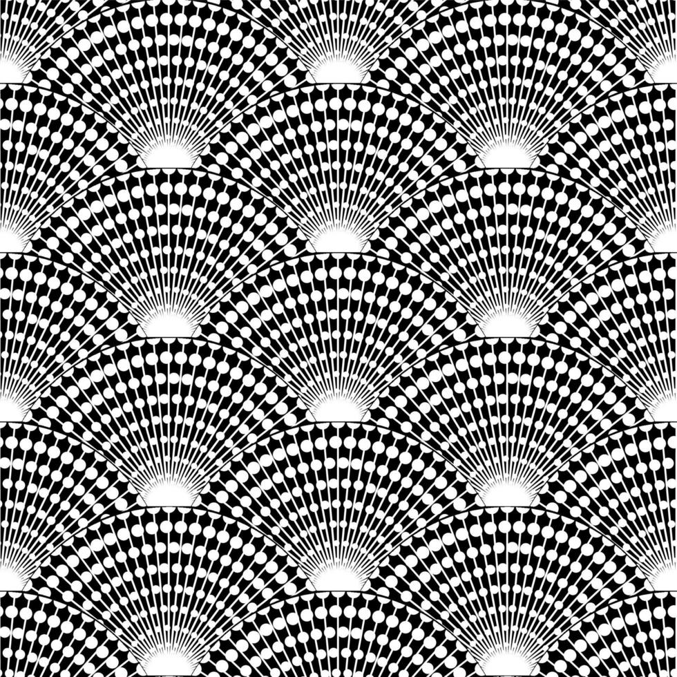 vågigt sömlöst svartvitt mönster. seigaiha prydnad i japansk stil. doodle print prickiga handritade. påfågel svans. banner vektor illustration isolerad på vit bakgrund