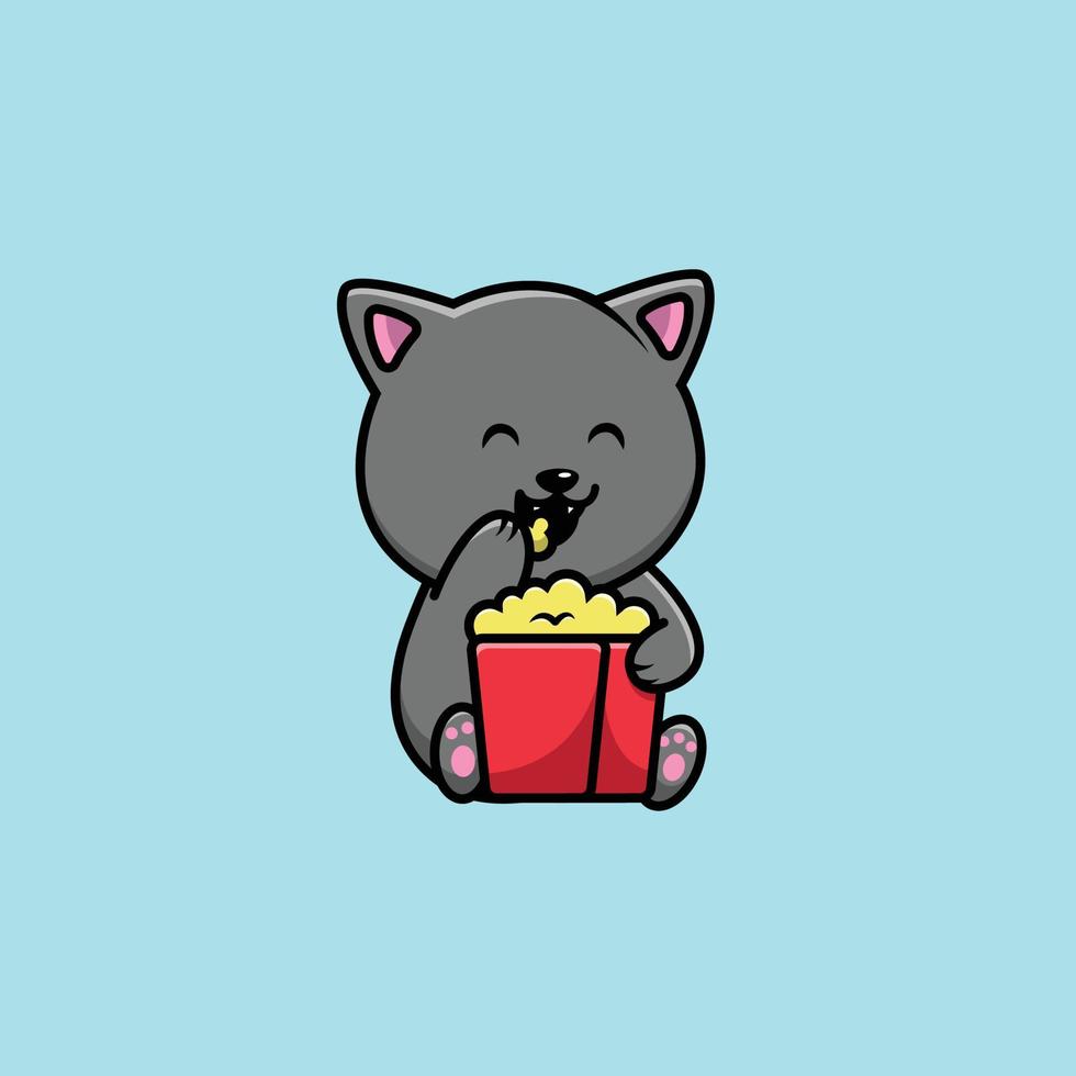 süße Katze isst Popcorn-Cartoon-Vektor-Symbol-Illustration. Tiernahrung Symbol Konzept isoliert Premium-Vektor. flacher Cartoon-Stil vektor