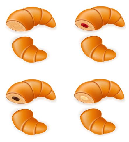 ställa in ikoner av färska krispiga croissanter med syltchoklad och kräm vektor illustration