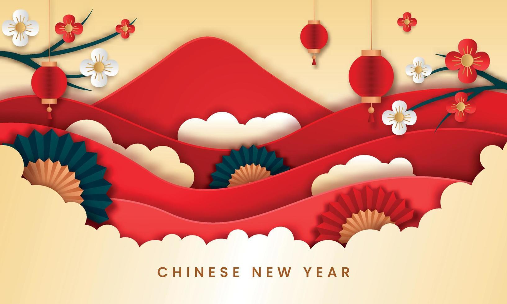 kinesiska nyåret pappersstil vektor. affisch eller banderoll med lyktor och blommor lämpliga för kinesiska nyårsevenemang. vektor