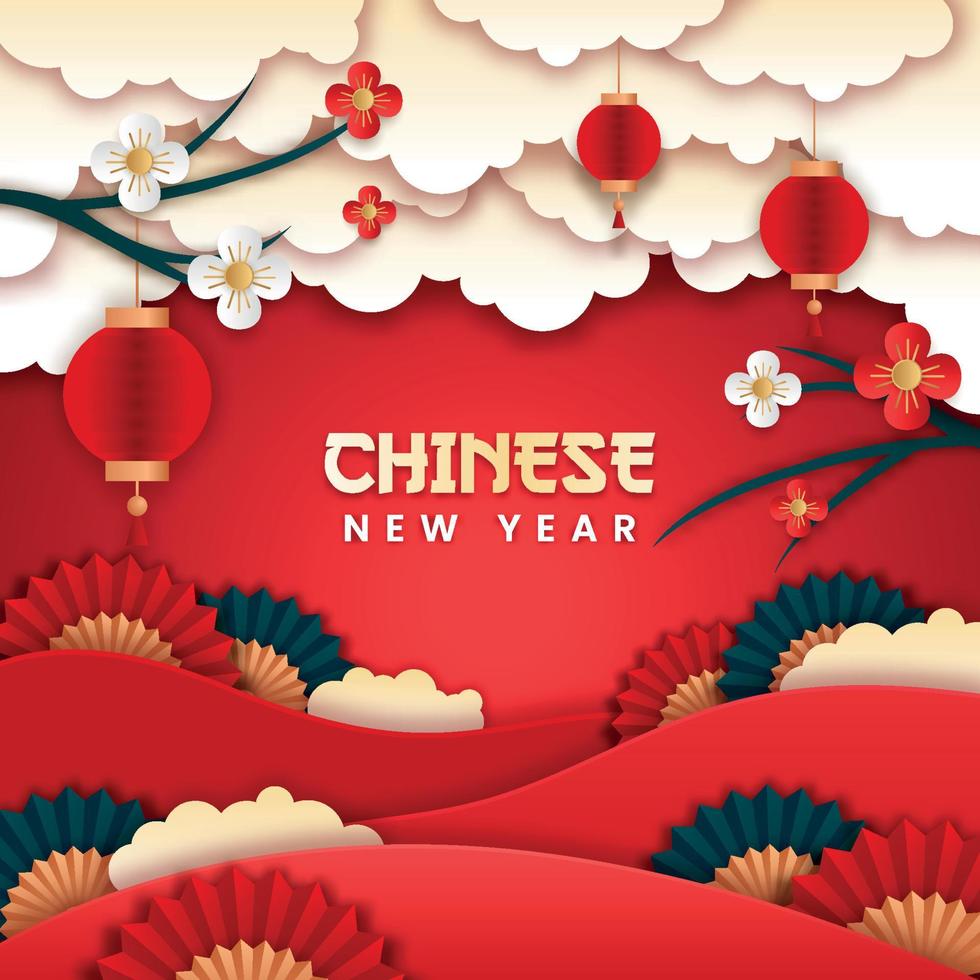 Chinesisches Neujahr Papierschnitt Stil Vektor. Poster oder Banner mit Laternen und Blumen. mit asiatischem Konzept. vektor