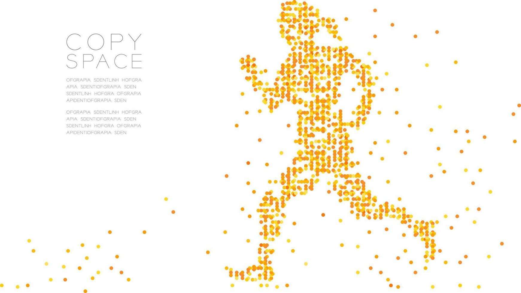 abstrakt geometrisk cirkel prick molekyl partikelmönster kvinna löpare form, vr teknologi sport konceptdesign orange färg illustration isolerad på vit bakgrund med kopia utrymme, vektor eps 10