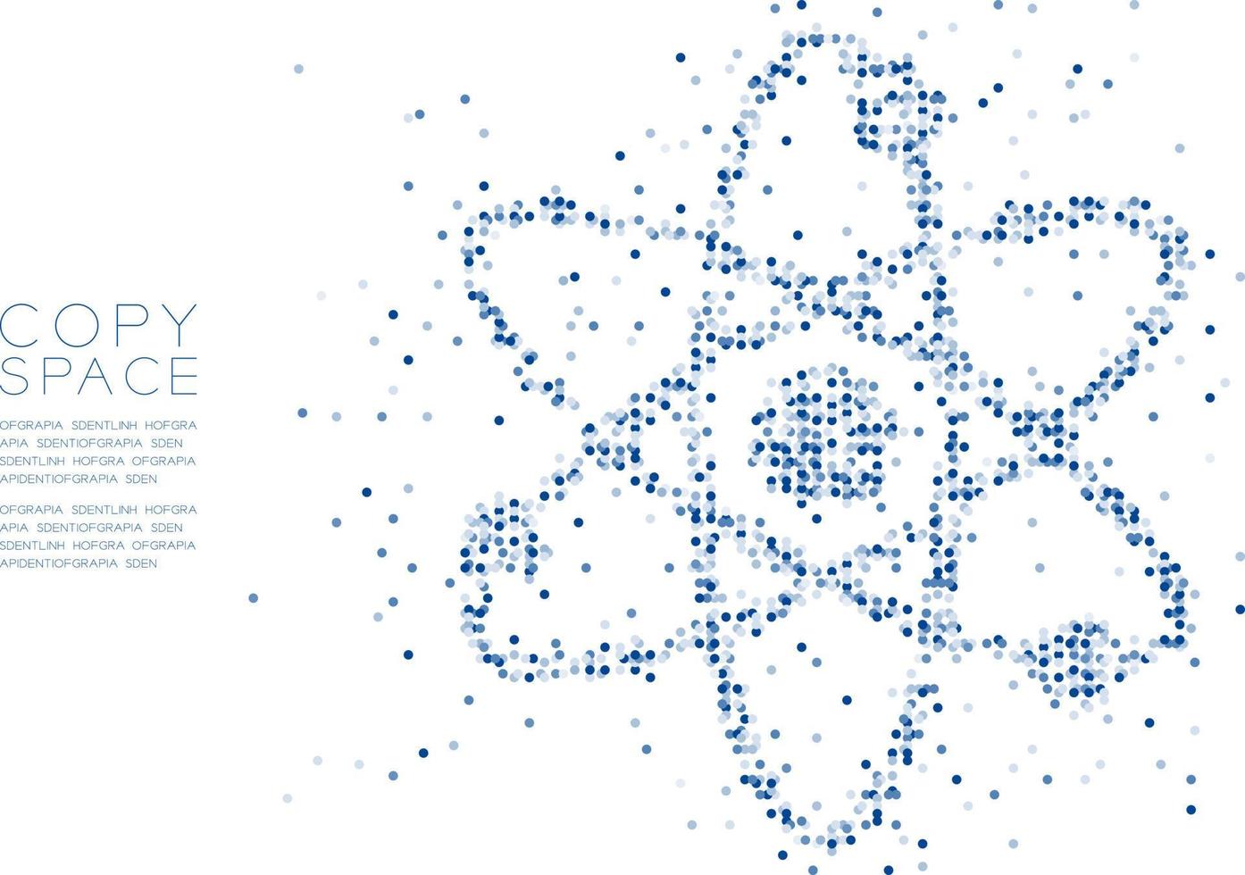 abstrakter geometrischer Kreis Punkt Molekül Partikel Muster Atom Symbol Form, vr Technologie Wissenschaft Konzept Design blaue Farbe Abbildung isoliert auf weißem Hintergrund mit Kopie Raum, Vektor eps 10