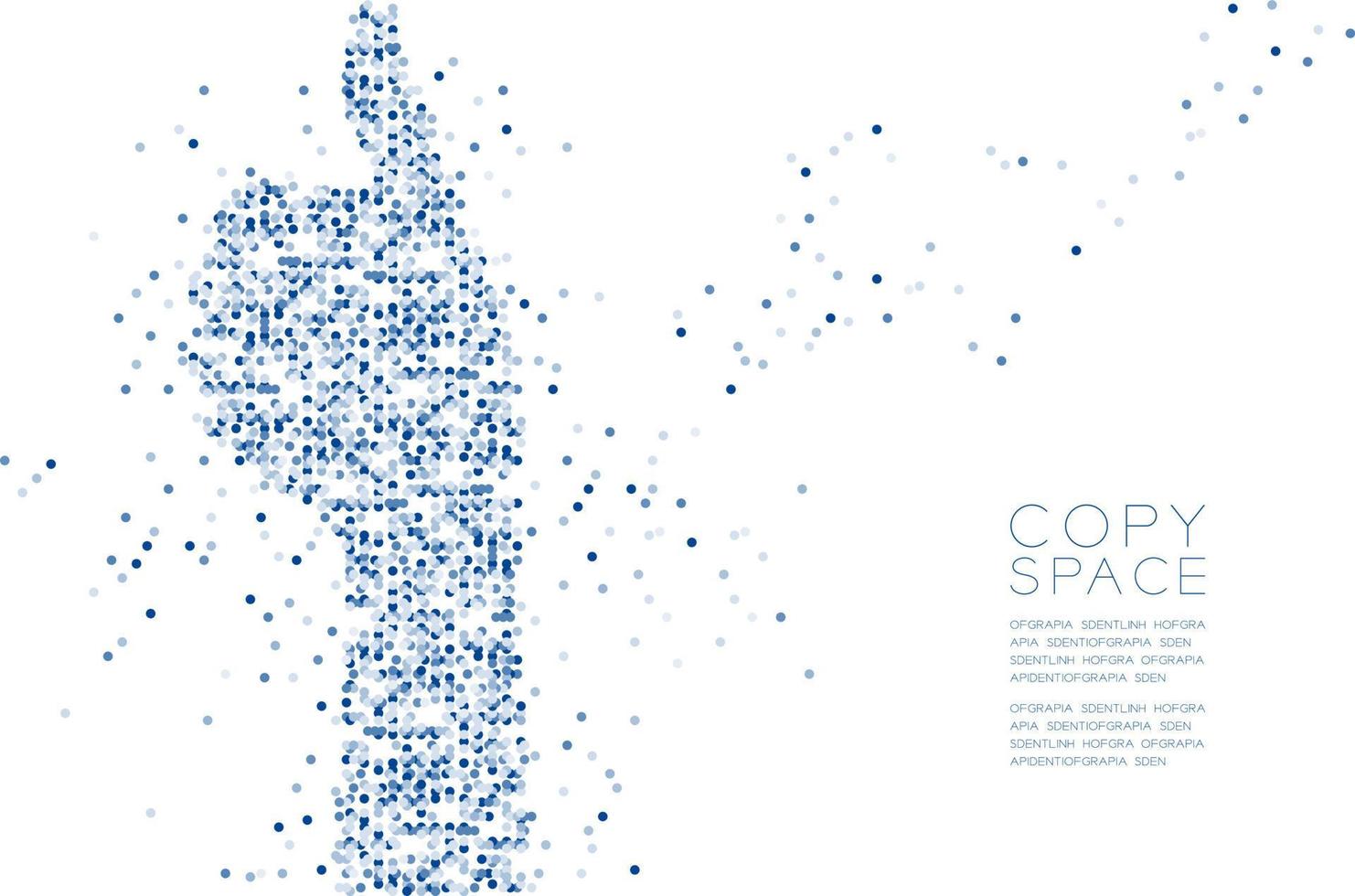 abstrakter geometrischer Kreis Punkt Molekül Partikel Muster Hand Daumen hoch Form, Gebärdensprache wie vr Konzept Design blaue Farbe Abbildung isoliert auf weißem Hintergrund mit Kopie Raum, Vektor eps 10