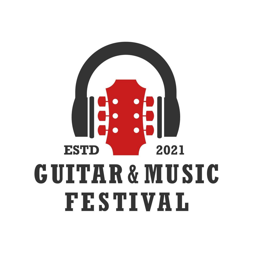 Logo für Gitarre und Festivalmusik. Gitarre, Kopfhörer, Vintage-Logo-Konzept vektor