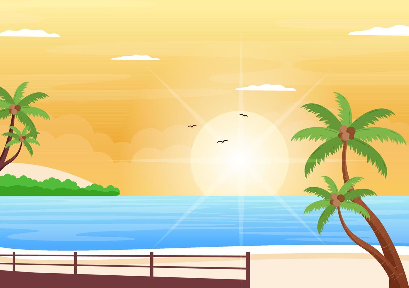 Meer Sonnenaufgang Landschaft über dem Morgenszene Ozean mit Wolken, Wasseroberfläche, Palme und Strand in flacher Hintergrundillustration für Banner vektor