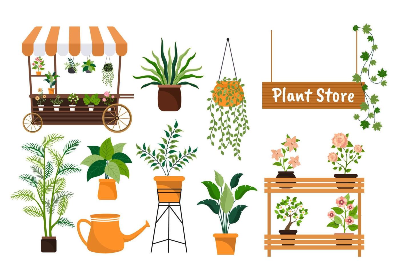 blomsterbutik och växtbutik med floristervård, ekologiska naturprodukter för hemträdgård grön dekoration i platt bakgrund vektorillustration vektor