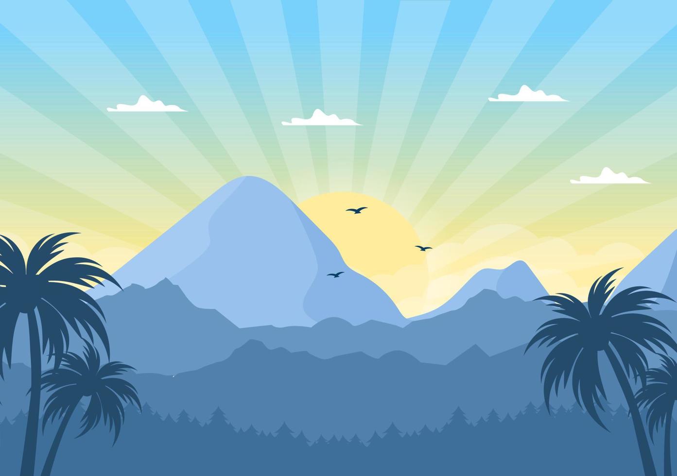Sonnenaufgangslandschaft der Morgenszene Berge, Hügel, See und Tal in flacher Natur für Poster, Banner oder Hintergrundillustration vektor