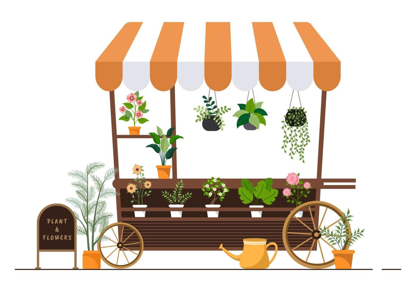 blomsterbutik och växtbutik med floristervård, ekologiska naturprodukter för hemträdgård grön dekoration i platt bakgrund vektorillustration vektor