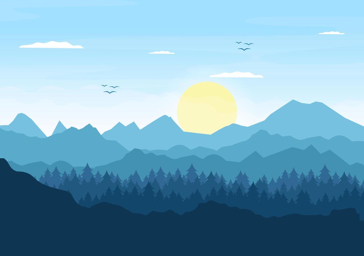 soluppgångslandskap av morgonscenberg, kulle, sjö och dal i platt natur för affisch, banderoll eller bakgrundsillustration vektor
