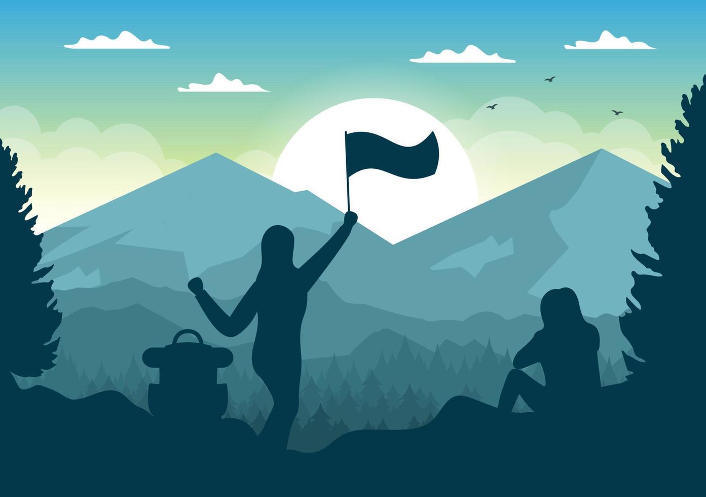 Sonnenaufgangslandschaft der Morgenszene Berge, Hügel, See und Tal in flacher Natur für Poster, Banner oder Hintergrundillustration vektor