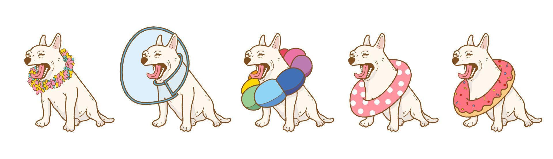 Cartoon-Chihuahua-Hund mit Donuts, Schwimmringen, Kränzen, Haustierkegel, elizabethanischem Kragen und Blumenreifen vektor
