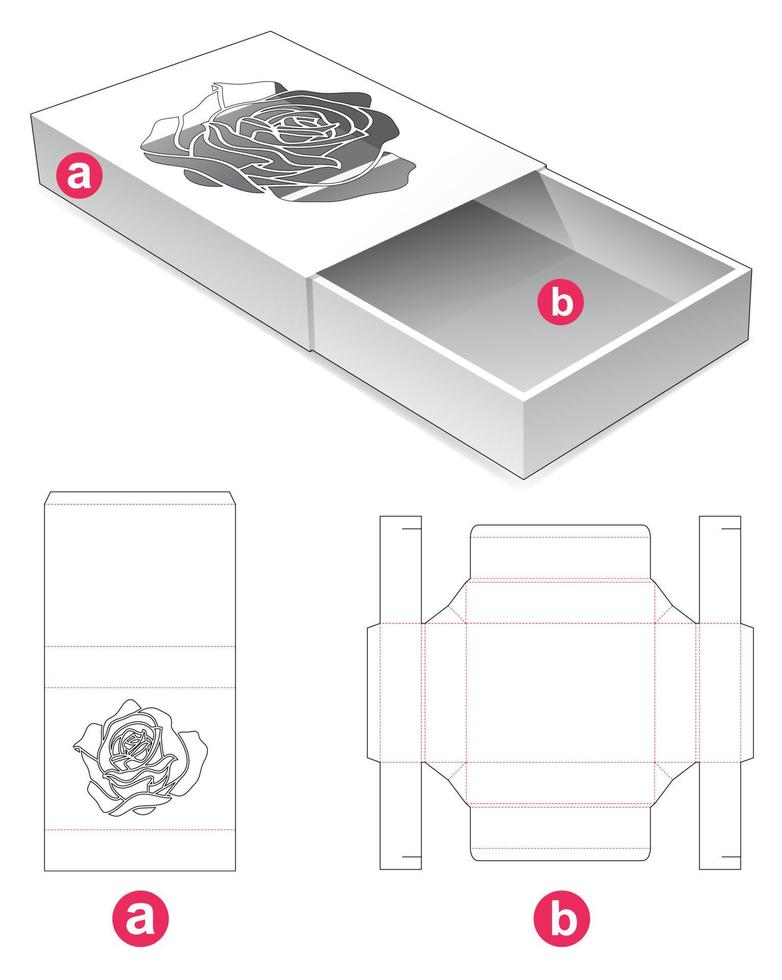 skjutbar låda med stencilerad ros på omslaget stansad mall vektor