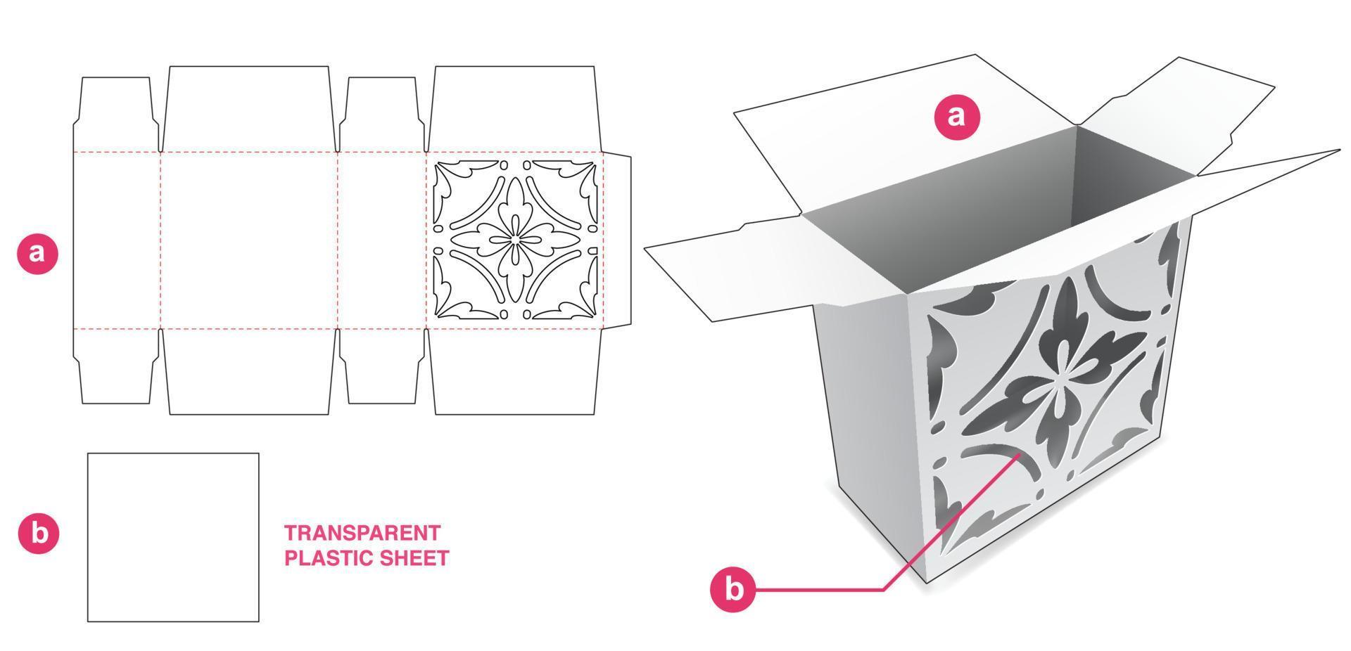 Kartonverpackung mit Schablone und Stanzschablone aus Plastikfolie vektor