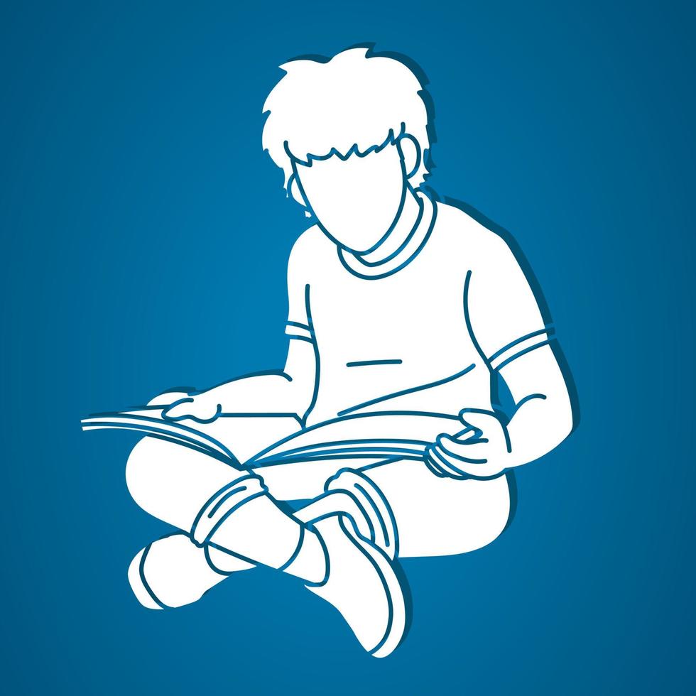 Silhouette eines Jungen, der sitzt und ein Buch liest vektor
