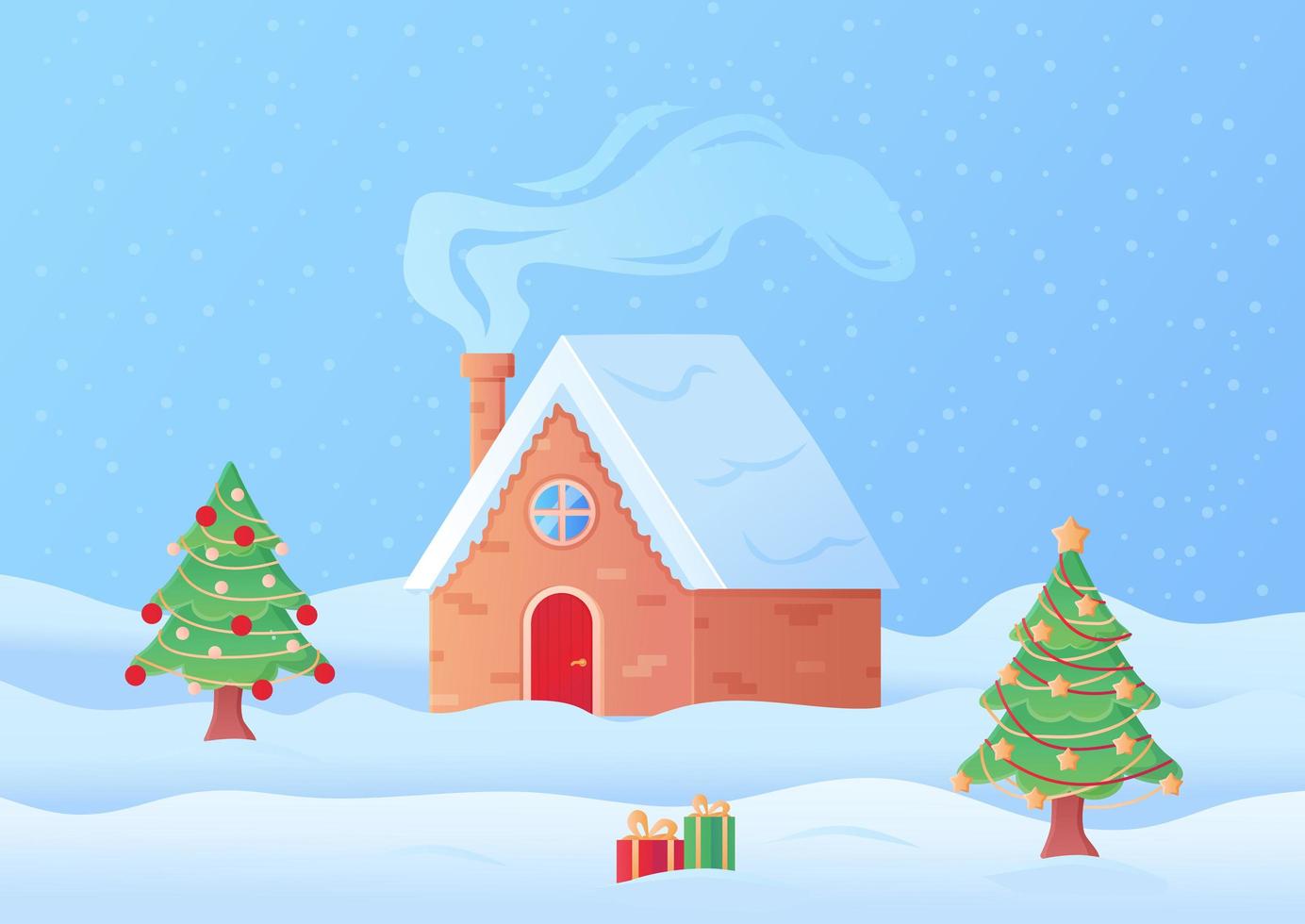 jullandskap mysigt hus i snö med rökt skorsten i tecknad stil vektor