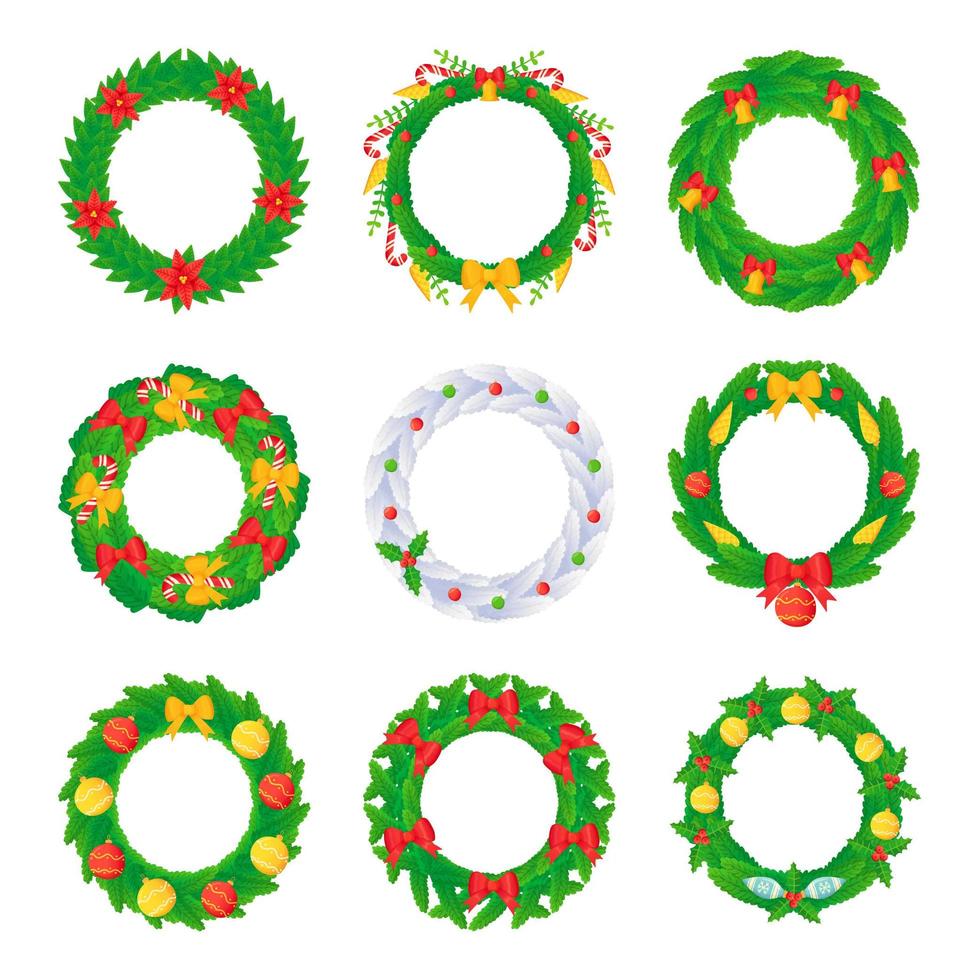 jul krans set med bollar bågar klockor godis och blommor i tecknad stil vektor